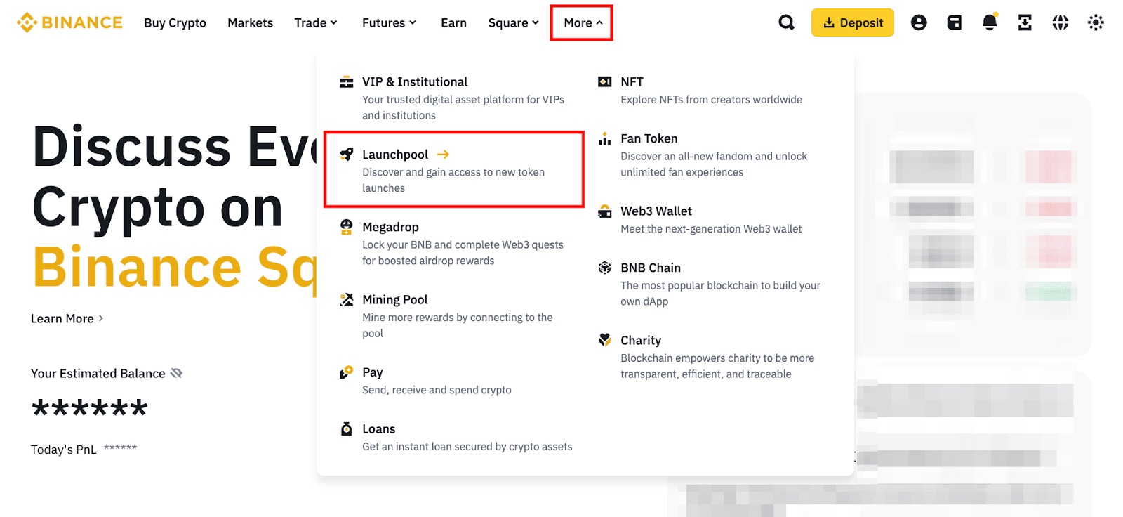 Screenshot of the Binance homepage showing a dropdown menu under the "More" section. The "Launchpool" option is highlighted, with the description "Discover and gain access to new token launches." Other menu options include NFT, Fan Token, Web3 Wallet, Mining Pool, BNB Chain, Pay, and Loans.