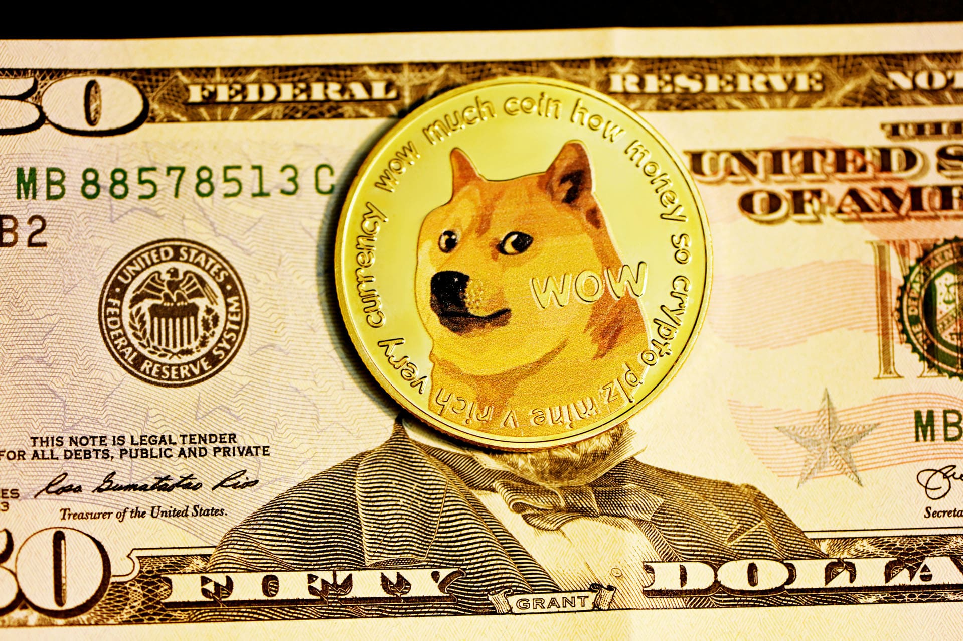 Dogecoin coin on top of a fifty-dollar bill, showcasing the contrast between cryptocurrency and traditional currency.