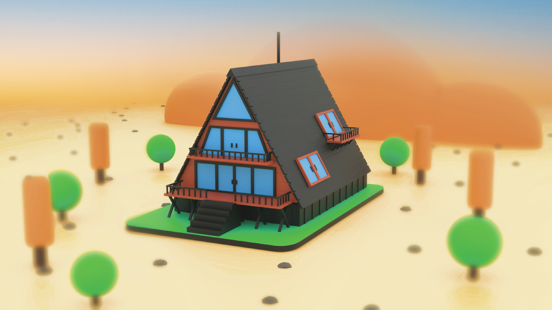 3D illustration of an A-frame house in a minimalist landscape with trees and mountains in the background.