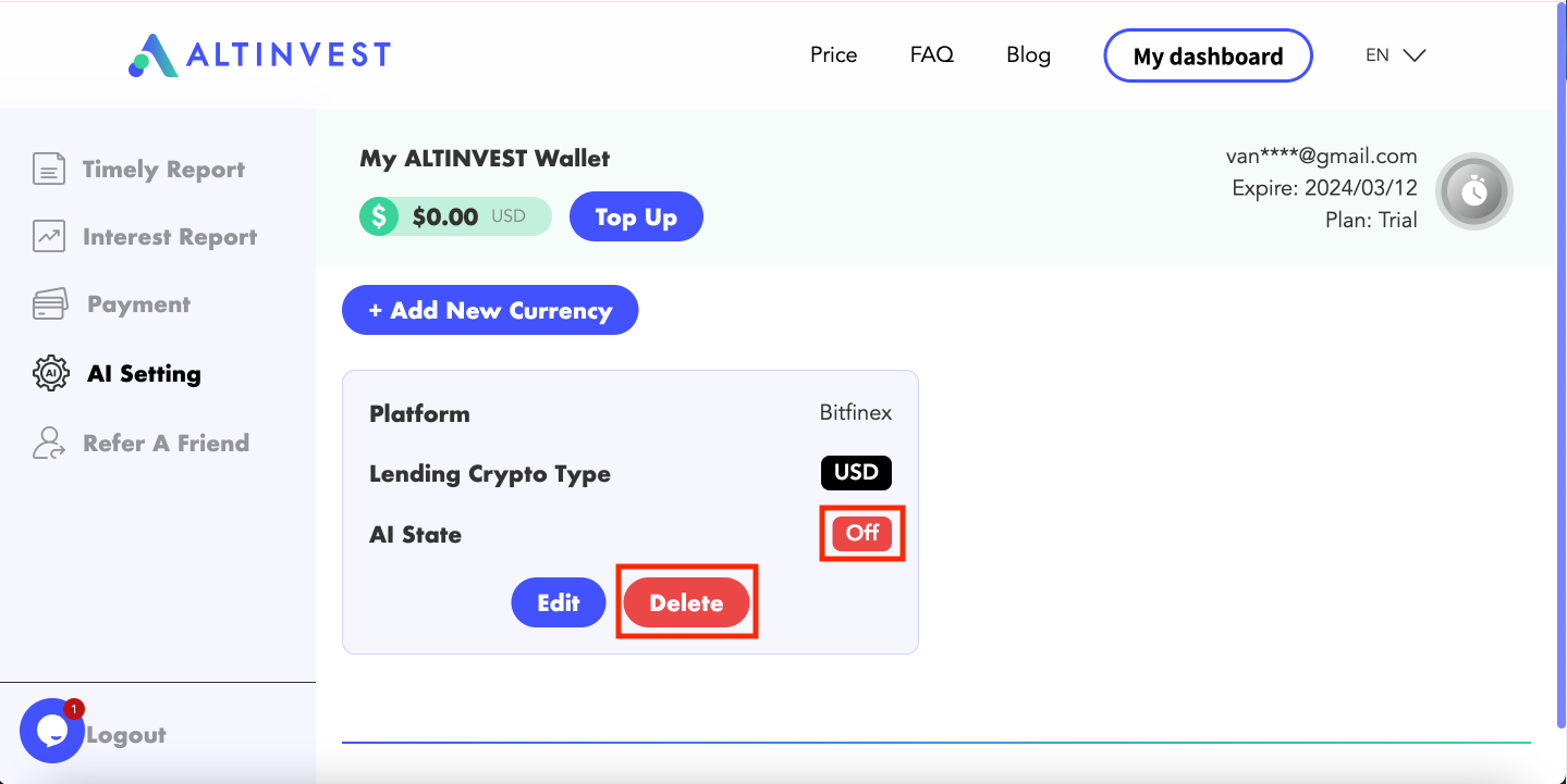 ALTINVEST Dashboard - Delete AI Lending Bot After Deactivation