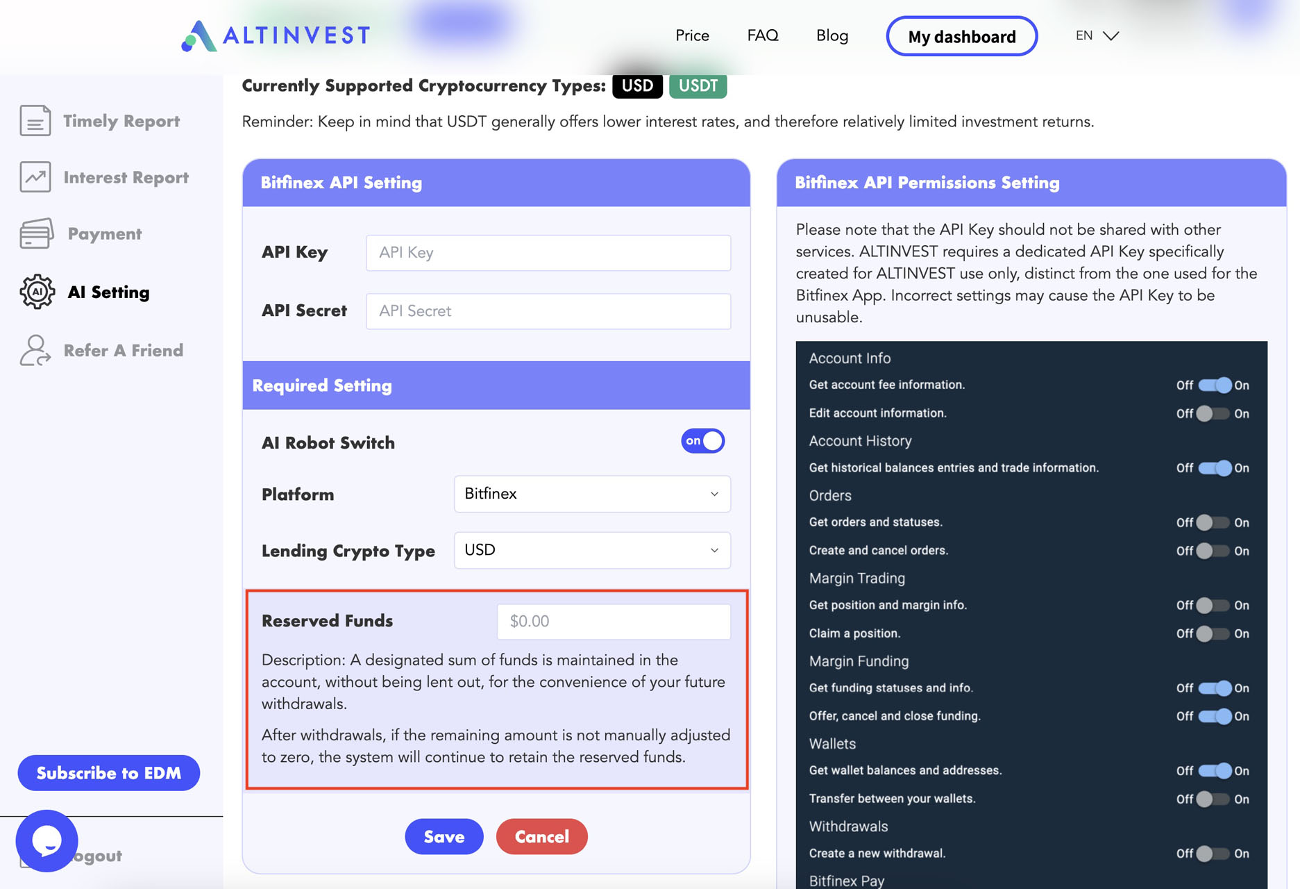 ALTINVEST platform interface showing Bitfinex API settings, reserved funds, and permissions. The Reserved Funds section allows users to designate funds for convenience in future withdrawals.