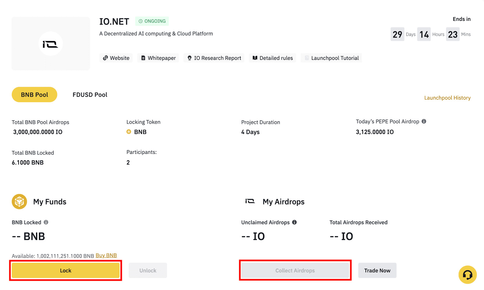 Screenshot of the Binance Launchpool page for the ongoing IO.NET project, a decentralized AI computing and cloud platform. The project will end in 29 days, with 3,000,000 IO tokens allocated for the BNB Pool airdrops. The pool currently has 2 participants and a total of 6.1 BNB locked. Users can lock BNB tokens to participate and collect airdrops. The project duration is 4 days, and today's PEPE Pool airdrop is 3,125 IO tokens.