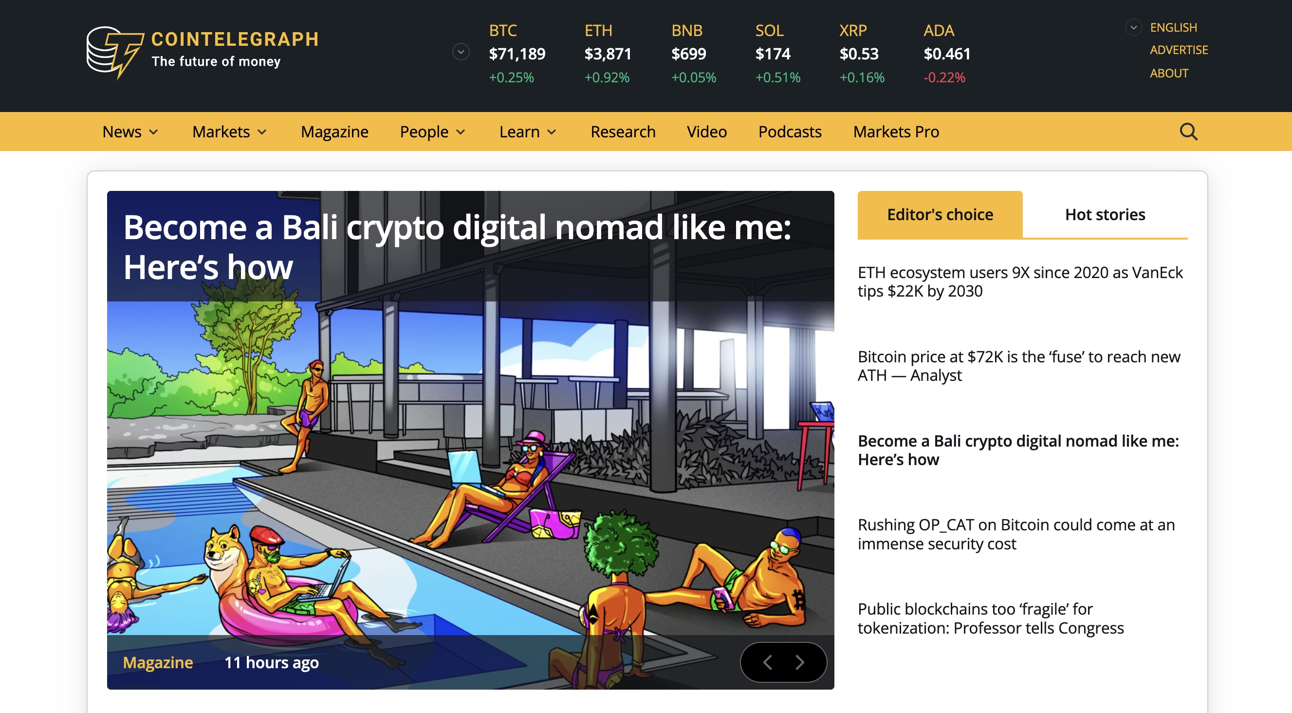 CoinTelegraph 網站截圖，提供有關加密貨幣市場趨勢的最新新聞、分析和教育內容。