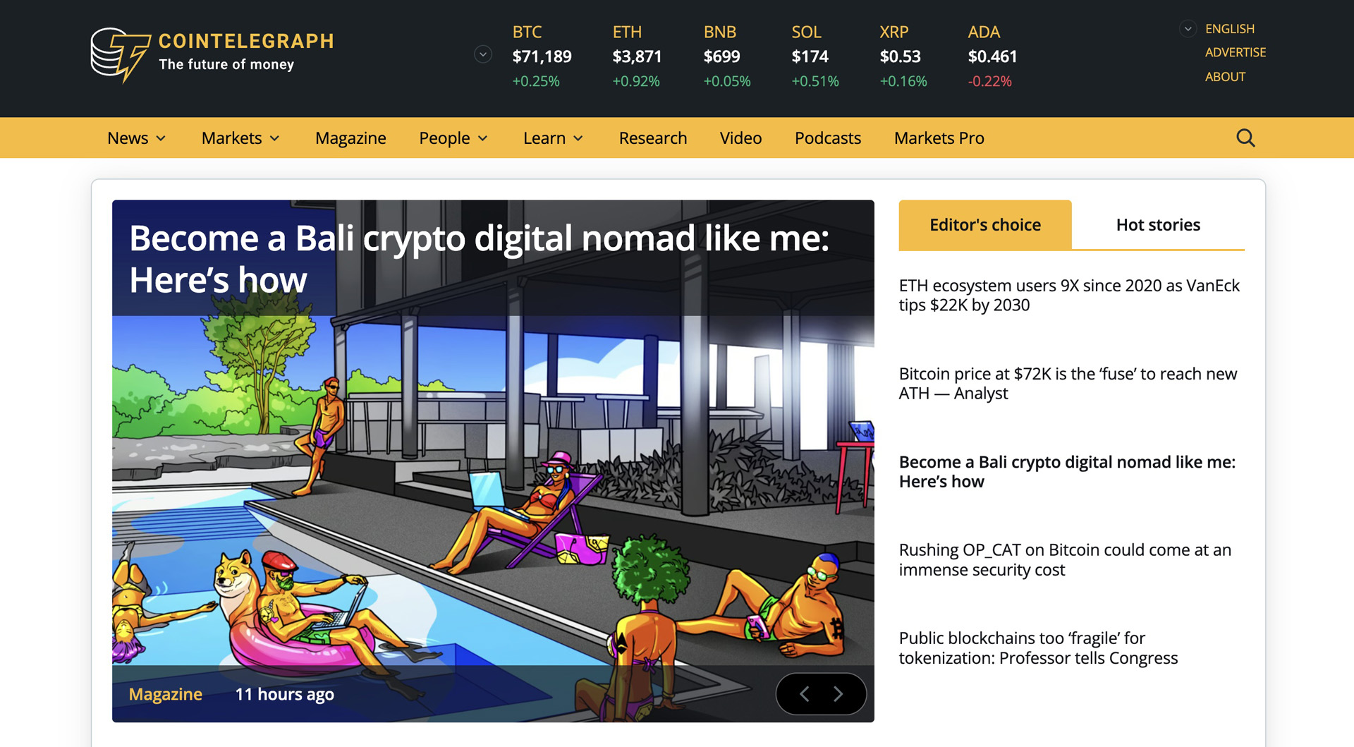 Screenshot of CoinTelegraph website, providing up-to-date news, analysis, and educational content on cryptocurrency market trends.