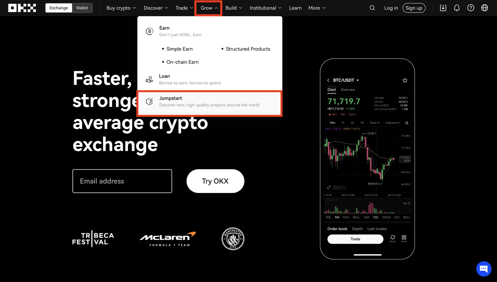 Navigating to Jumpstart on OKX: The "Grow" menu on OKX homepage, highlighting Jumpstart for exploring crypto projects.