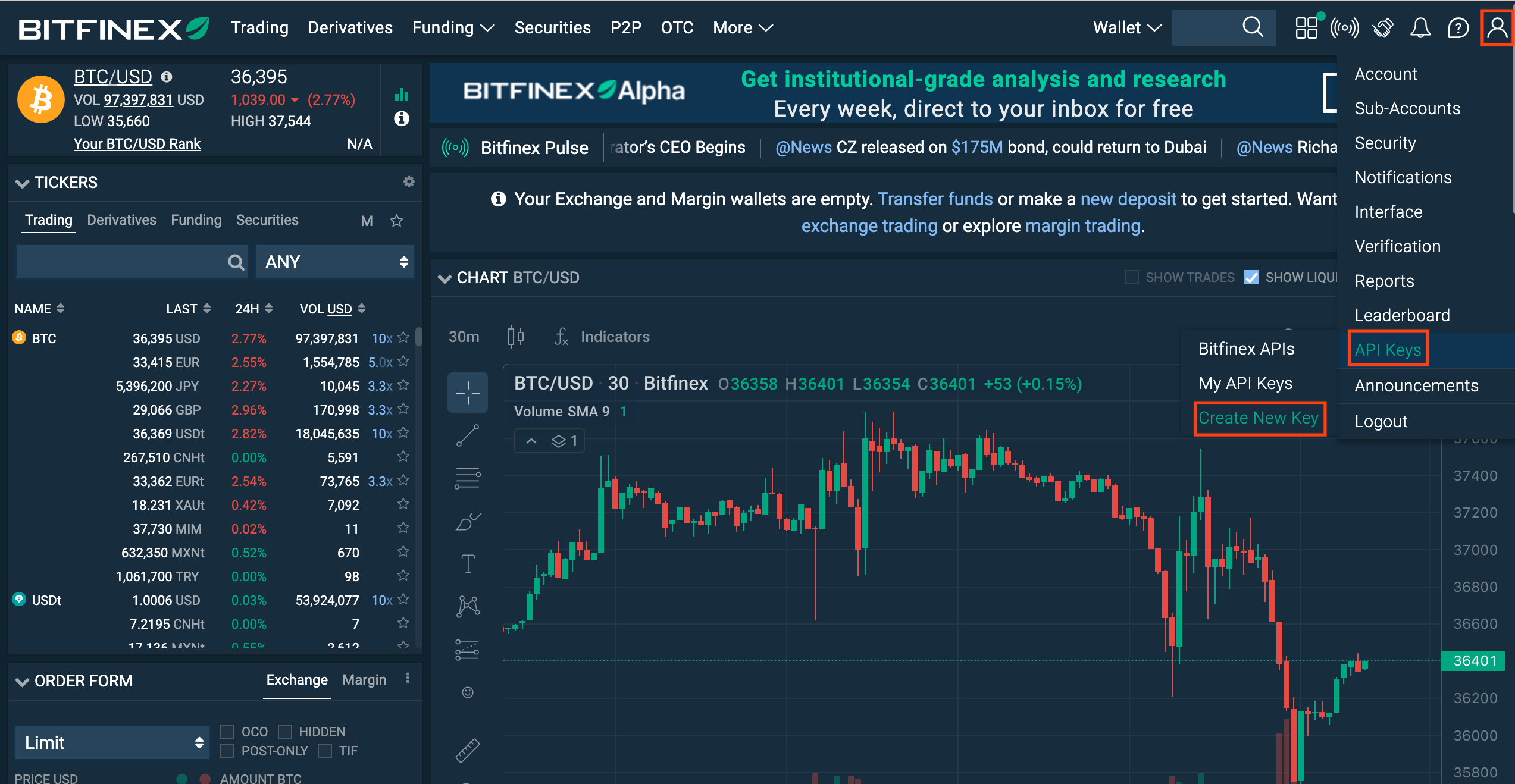 Bitfinex user's page