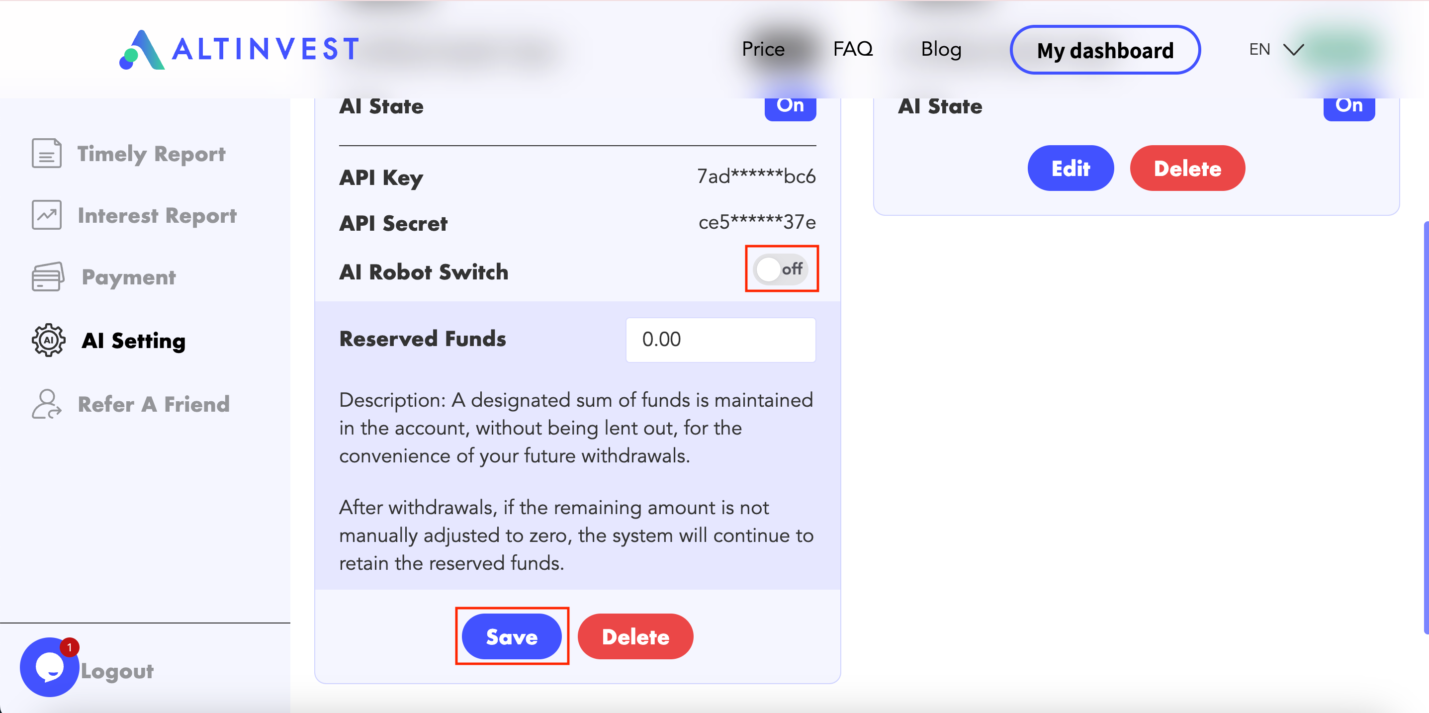 ALTINVEST AI Setting - Deactivate AI Robot and Set Reserved Funds