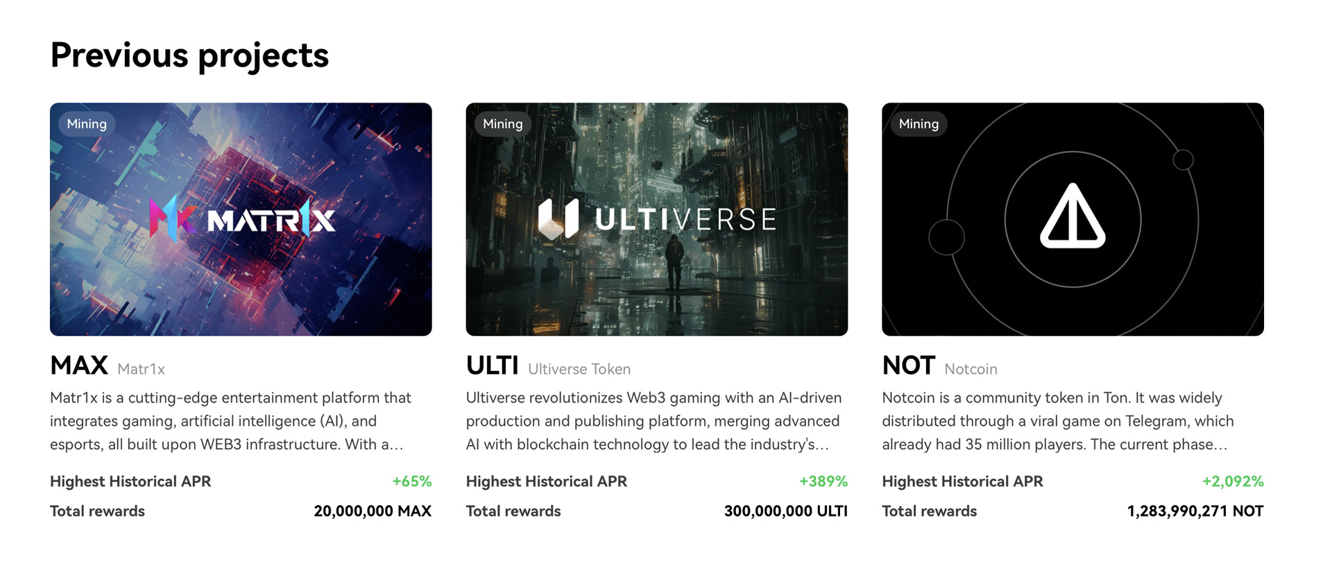 Previous Projects: A preview of past Jumpstart projects - MAX, ULTI, and NOT, with APR details and total rewards.