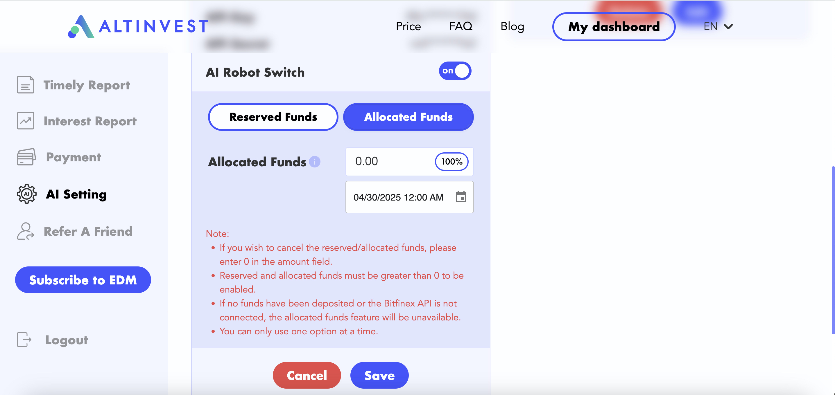 Image of ALTINVEST Reserved Funds and Allocated Funds Settings: "ALTINVEST dashboard showing the Reserved Funds and Allocated Funds options in the AI Settings menu, with fields for setting the amount and notes about feature usage restrictions."