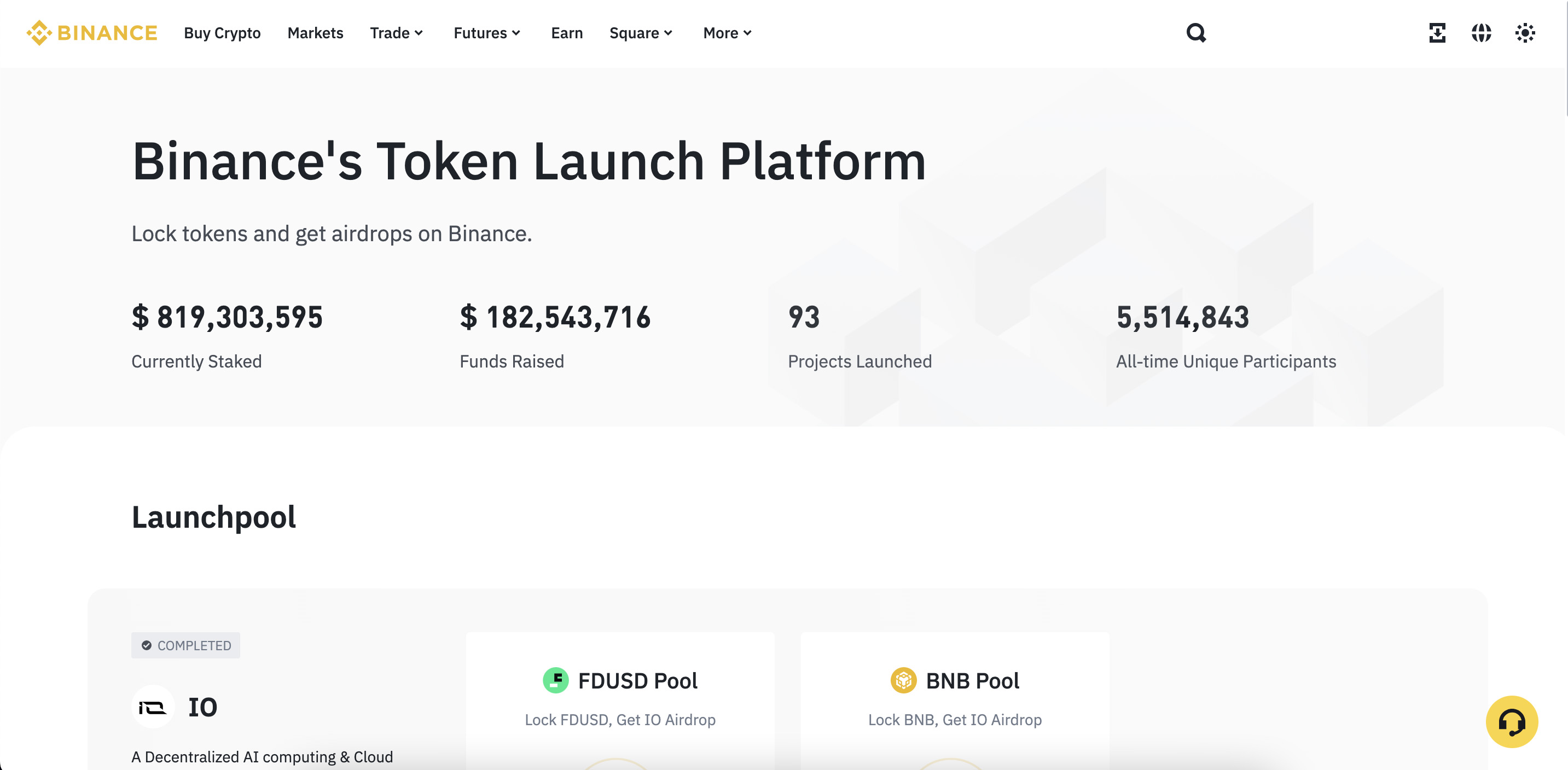 Binance Launchpool 的平台頁面截圖，顯示當前鎖定資產為 $819,303,595，募資金額為 $182,543,716，已啟動 93 個項目，總參與者數為 5,514,843。頁面下方展示了 Launchpool 的項目，包括 FDUSD 和 BNB 質押池。