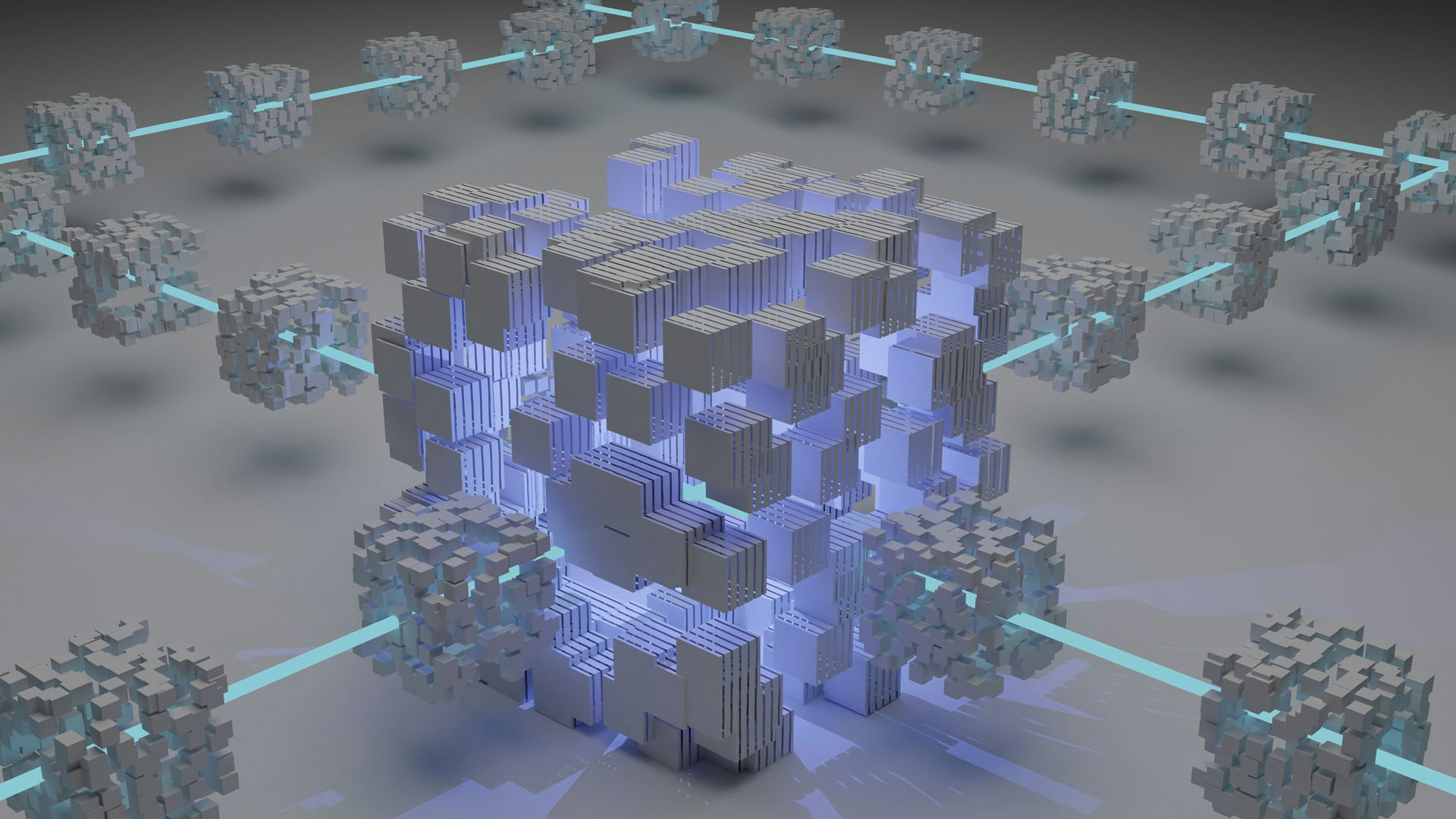 Blockchain network representation with interconnected data blocks in a digital space.