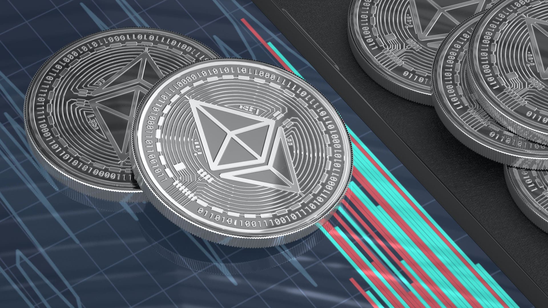 Ethereum coins placed on a surface with a financial chart in the background, highlighting Ethereum’s role in financial analysis.