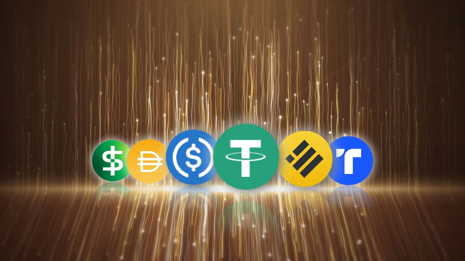 Icons of various stablecoins including US Dollar stablecoin, Dai, USDC, Tether, BUSD, and TrueUSD, representing diversity in digital assets.