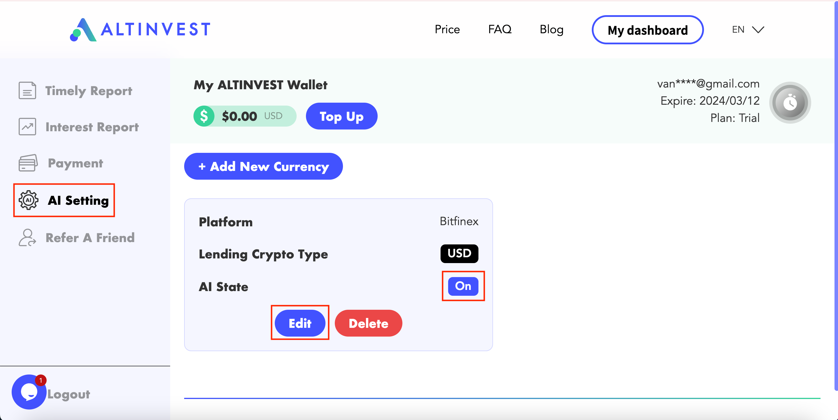 ALTINVEST Dashboard AI Setting - Turn On AI Lending Bot