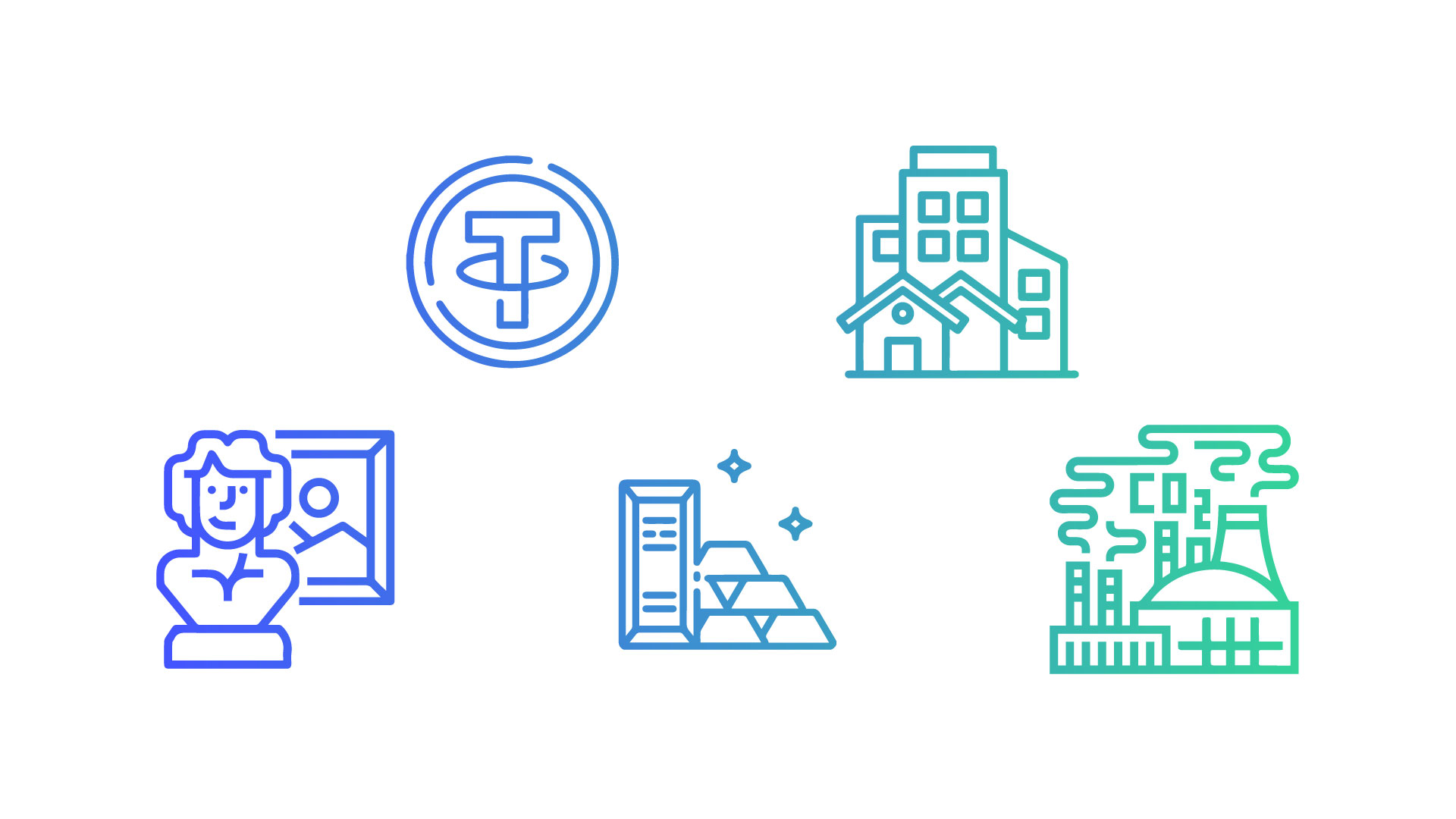 Collection of line icons representing different financial assets including cryptocurrency, real estate, art, gold, and industry.